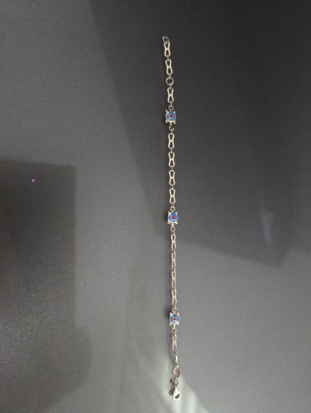 14 K Gold Link Bracelet with Blue and Red Flower Charm - Picture 3 of 12